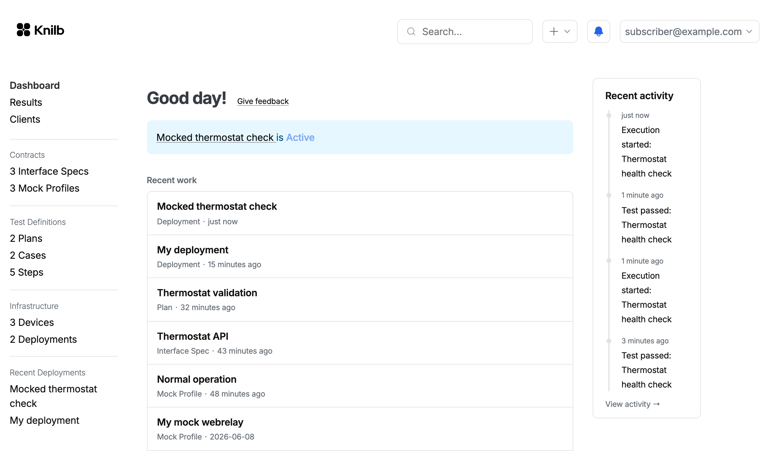 The Knilb dashboard during a run: an Active banner naming the deployment, the recent work list, and the recent activity rail.